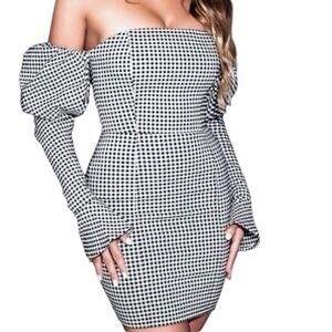 NWT Naked Wardrobe Gingham The Statement Cocktail Dress Castlecore Sleeve Small